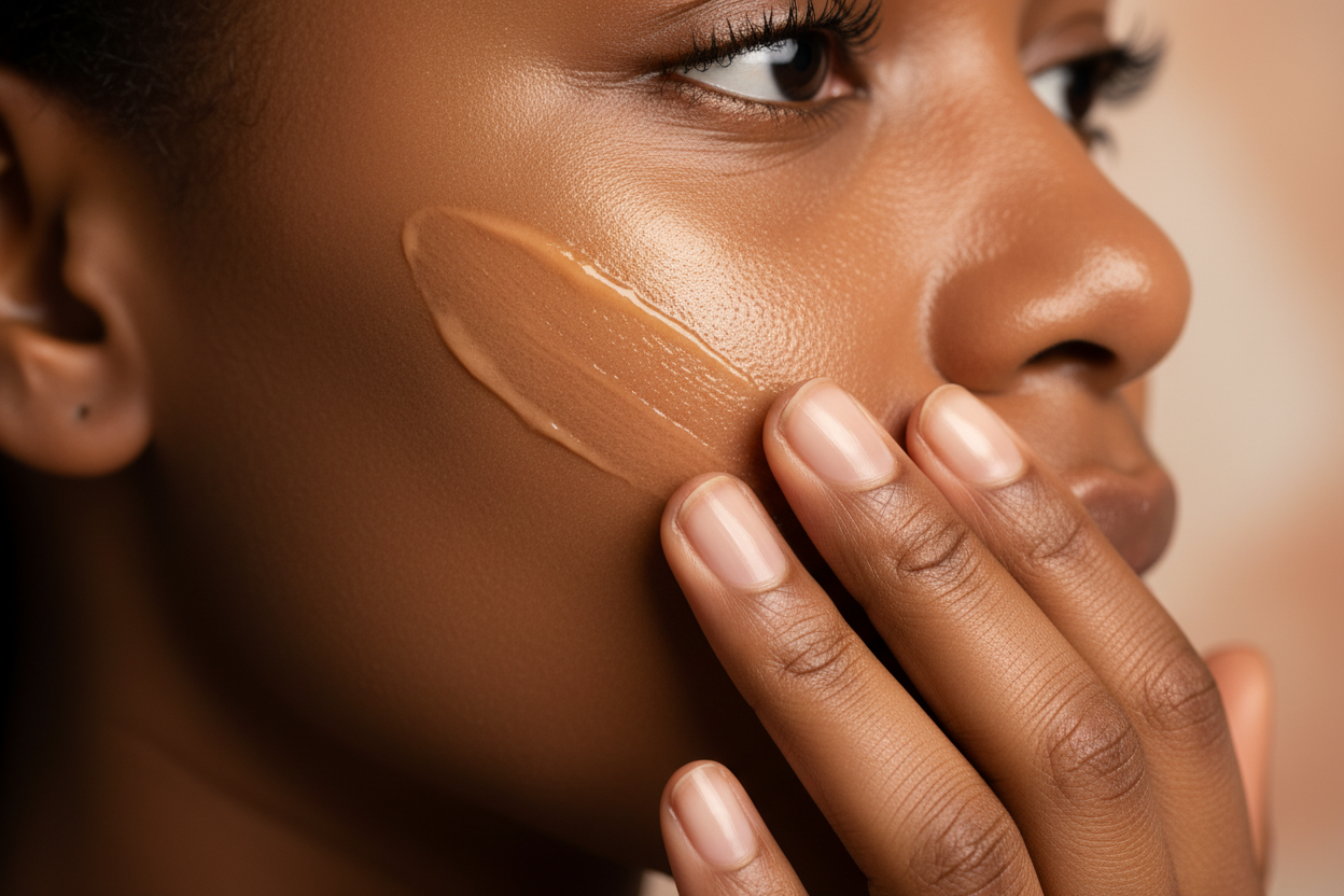 A close-up of a beautiful Black girl's cheek with smooth, radiant skin. She's gently applying a light orange moisturizer, creating a glossy, hydrated finish. The lighting is soft and warm, enhancing the richness of her skin tone and the creamy texture of the product. The background is minimal and blurred, keeping full focus on the cheek and the motion of application.